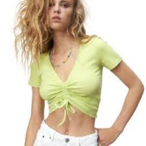 Zara Lime Green Ruched V-Neck Top - Picture 1 of 6